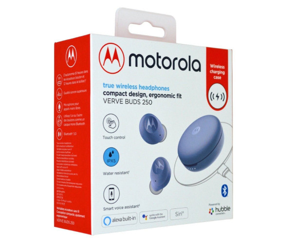 Bluetooth Hands Free Motorola Vervebuds 250 In-ear TWS IPX5 με Ασύρματη Φόρτιση Μπλέ Συμβατά με Alexa, Siri και Google Assistant