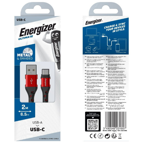 Καλώδιο σύνδεσης Energizer Metal / Braided Nylon USB σε USB-C 2m Κόκκινο
