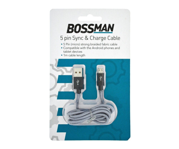 Καλώδιο σύνδεσης Bossman Braided Fabric Cable USB σε Micro USB Sync And Charging 5Pin Μαύρο1 μ.