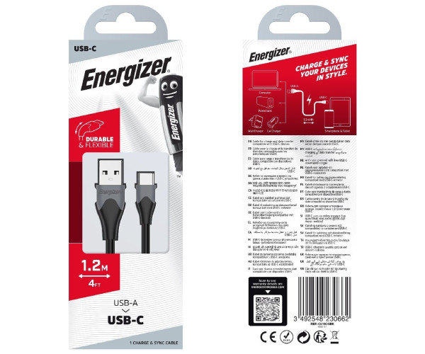 Καλώδιο Σύνδεσης Energizer Bicolor 2.4A USB-C 1.2m Μαύρο