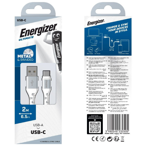Καλώδιο σύνδεσης Energizer Metal / Braided Nylon σε USB-C 2m Λευκό