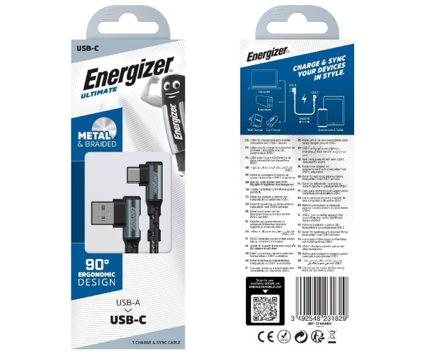 Καλώδιο σύνδεσης Energizer 90° Metal / Braided Nylon 2.0A  USB σε USB-C 2m  Μαύρο