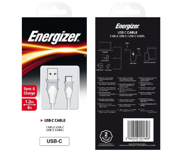 Καλώδιο Σύνδεσης Energizer Bicolor 2.4A USB-C 1.2m Λευκό