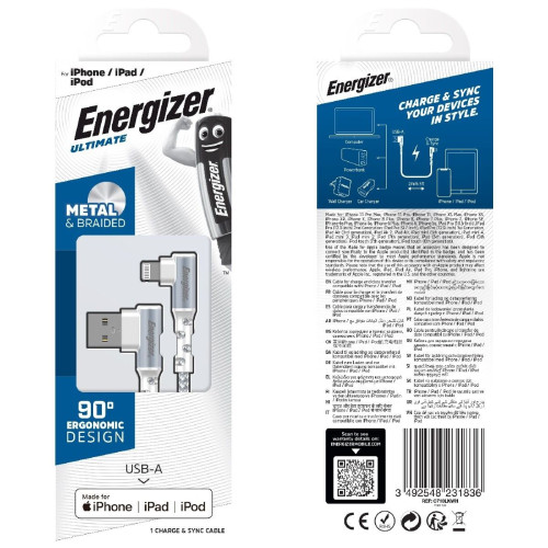 Καλώδιο σύνδεσης Energizer 90° Metal / Braided Nylon 2.0A  USB σε Lightning Apple Certified MFI 2m  Λευκό