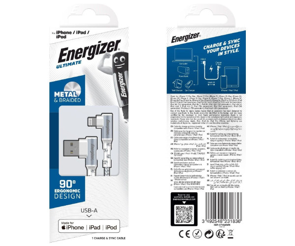 Καλώδιο σύνδεσης Energizer 90° Metal / Braided Nylon 2.0A  USB σε Lightning Apple Certified MFI 2m  Λευκό