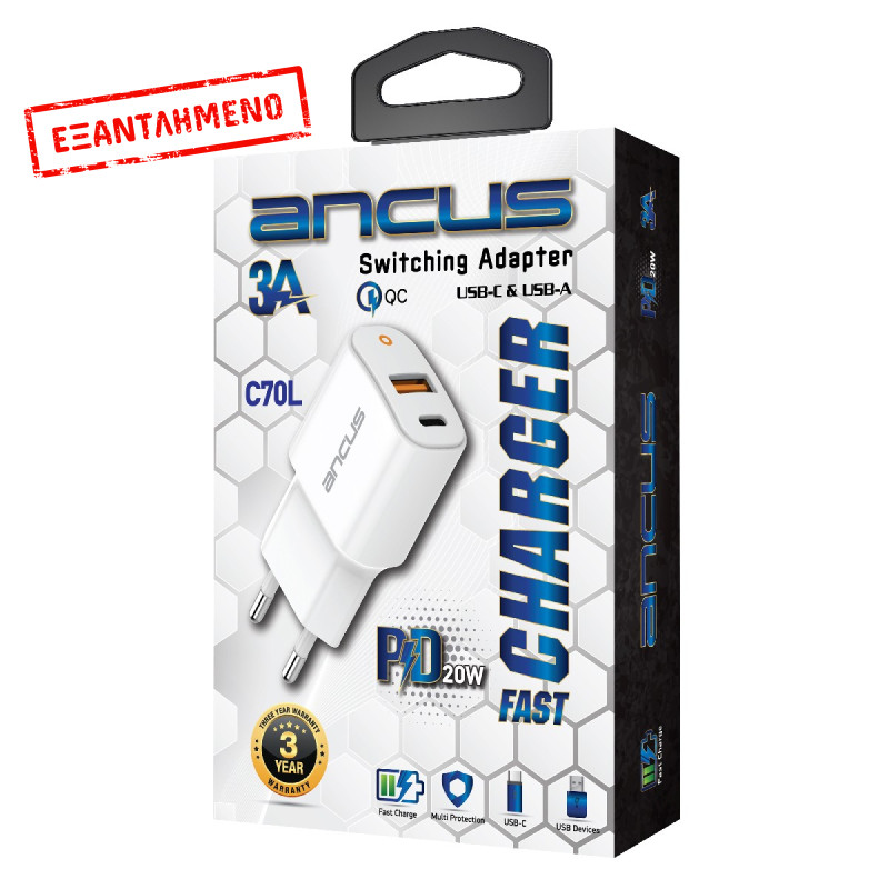 Φορτιστής Ταξιδίου Switching Ancus Supreme Series C70L Dual Fast Charge USB/USB-C Έξοδο QC3.0 PD 20W Λευκό με LED