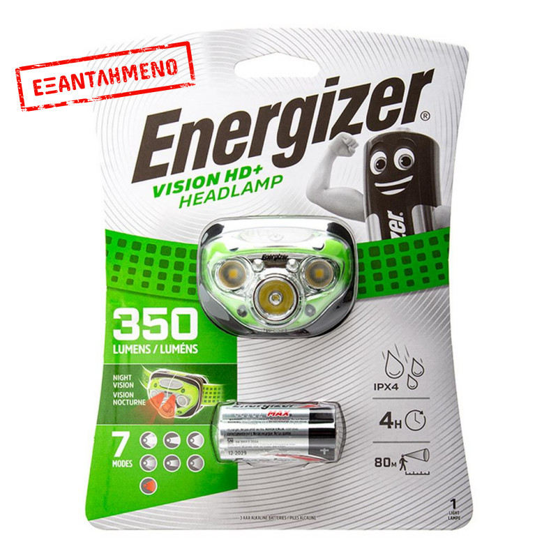 Φακός Κεφαλής Energizer Vision HD+ 3 Led 350 Lumens IPX4 με Μπαταρίες AAA 3 Τεμ. Πράσινο