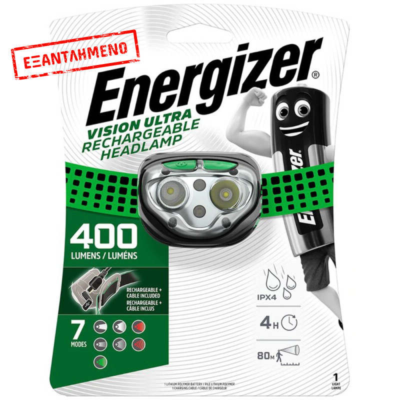 Φακός Κεφαλής Energizer Vision Ultra Rechargable 400 Lumens IPX4 με Καλώδιο Φόρτισης Πράσινο