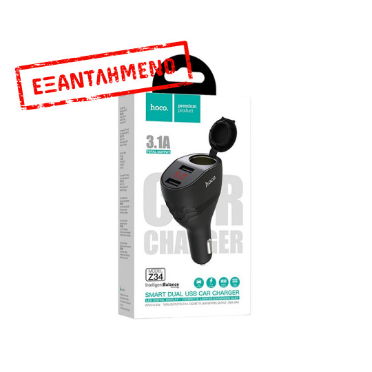 Φορτιστής Αυτοκινήτου Hoco Z34 Thunder με 2 Εξόδους USB 5V-3.1A Max, Extra Εξοδο Αναπτήρα και Led Οθόνη Ένδειξης  Μαύρο