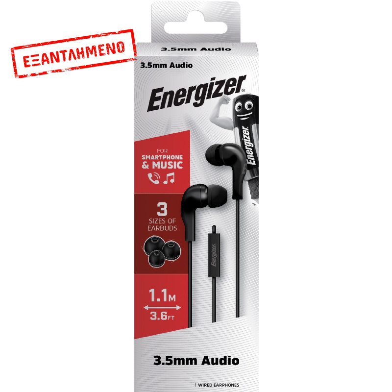 Hands Free Energizer CIA5 Stereo 3.5mm Μαύρο με Μικρόφωνο και Πλήκτρο Λειτουργίας 1,1μ