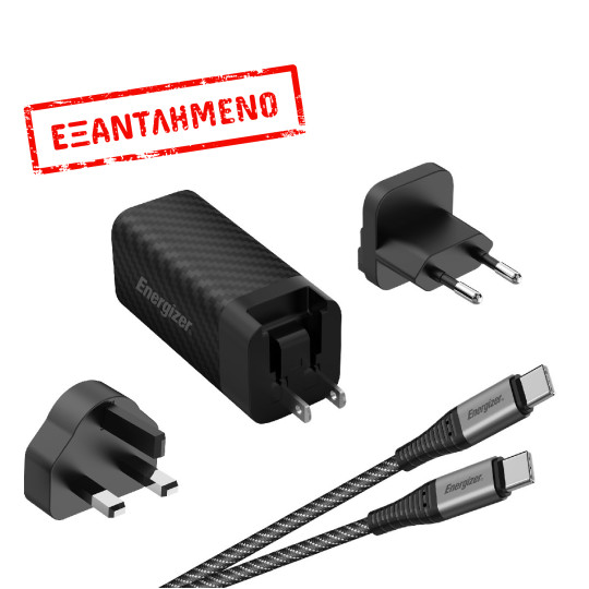 Φορτιστής Ταξιδίου Energizer A65MUC PD65W με Έξοδο USB-C/USB-A  Μαύρο GaN Tech με Καλώδιο USB-C σε USB-C