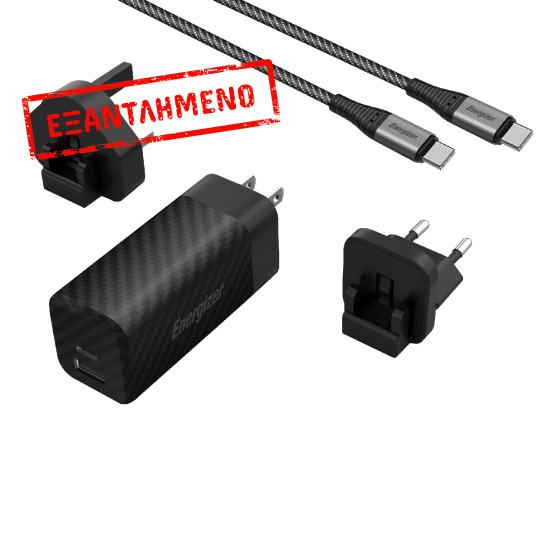 Φορτιστής Ταξιδίου Energizer A65MUC PD65W με Έξοδο USB-C/USB-A  Μαύρο GaN Tech με Καλώδιο USB-C σε USB-C