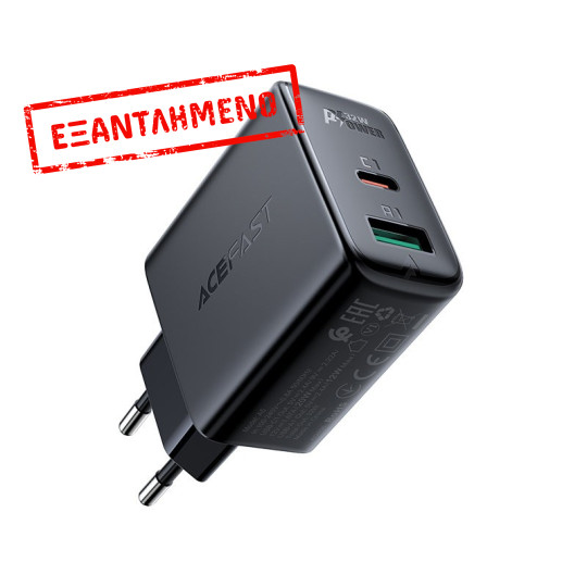 Φορτιστής Ταξιδίου Acefast A5 Fast Charging USB-C 20W+USB-A 12W PD20W, QC3.0 / QC2.0 32W Μαύρος