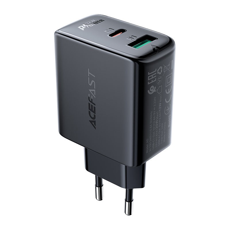 Φορτιστής Ταξιδίου Acefast A5 Fast Charging USB-C 20W+USB-A 12W PD20W, QC3.0 / QC2.0 32W Μαύρος