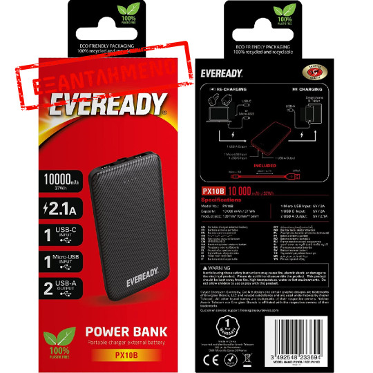 Power Bank Energizer Eveready Slim 10000mAh 2A  με 2x USB 2.0 και LED Ένδειξη Μπαταρίας Μαύρο