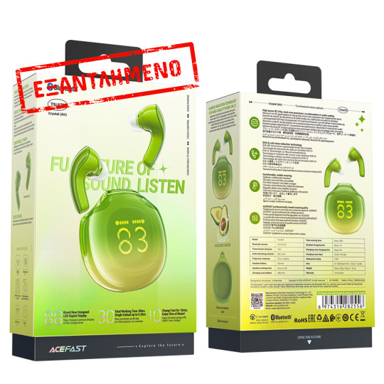 Wireless Hands Free TWS Acefast T9 Crystal Color Avocado Green v5.3  με Led Οθόνη Noise Reduction IPX4 Περιλαμβάνει Θήκη και Λουράκι Μεταφοράς