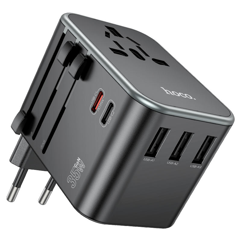 Φορτιστής Ταξιδίου Hoco AC19 Universal Converter US EU AU UK με 2 x USB C PD35W QC3.0 Μαύρο