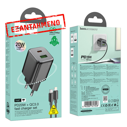 Φορτιστής Ταξιδίου Hoco N41 Almighty με  1xUSB-A 18W και 1xUSB-C 20W + Καλώδιο Φόρτισης Type C to Lightning Μαύρος