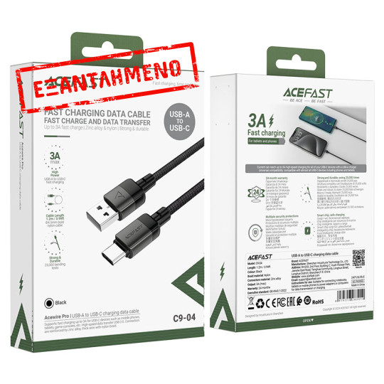 Καλώδιο σύνδεσης Acefast C9-04 USB σε USB-C 3.0A για Γρήγορη Φόρτιση και Μεταφορά Δεδομένων 1.2m Μαύρο