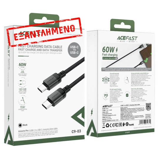 Καλώδιο Σύνδεσης Acefast C9-03  USB-C σε USB-C 60W 20V/3A Μαύρο 1.2m.