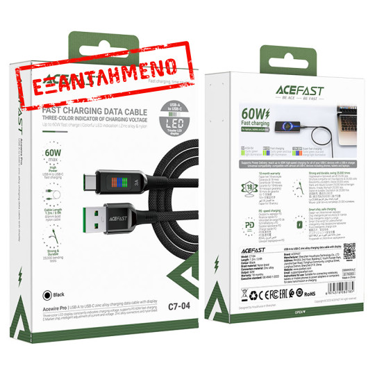 Καλώδιο Σύνδεσης Acefast C7-04  USB-A  σε USB-C 60W 20V/3A με Ενδειξη Τάσης  Μαύρο 1.2m.