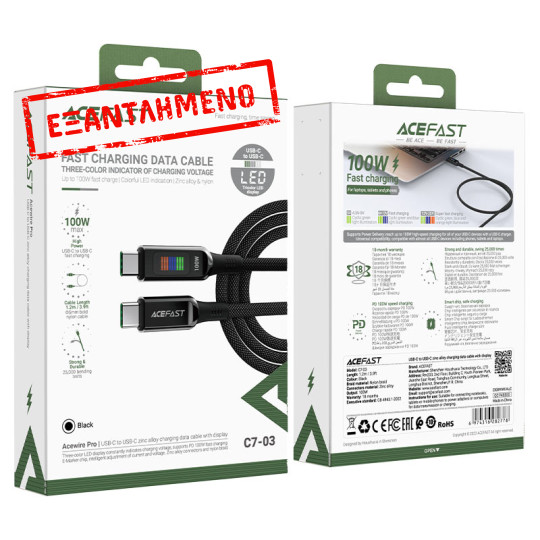 Καλώδιο Σύνδεσης Acefast C7-03  USB-C  σε USB-C 100W 20V/5A με Ενδειξη Τάσης  Μαύρο 1.2m.