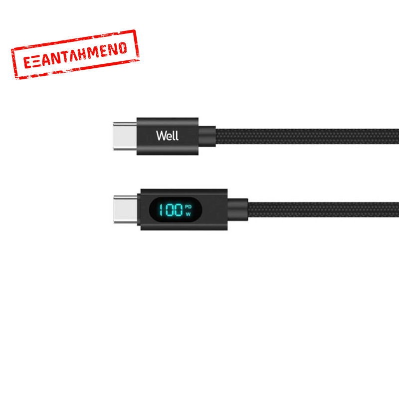 Καλώδιο Type-C σε USB-C Φόρτισης - Data 1m 20V/5A 100W Μαύρο Well CABLE-USBC/USBC-1BK10001-WL