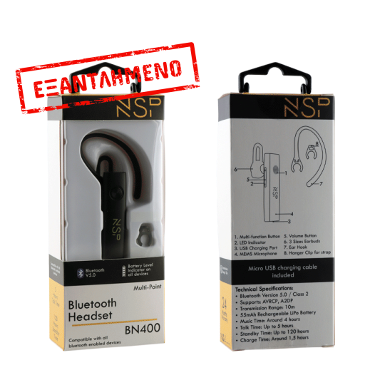 Ακουστικό Bluetooth Headset V5.0 + Hanger Clip για κορδόνι λαιμού NSP BN400