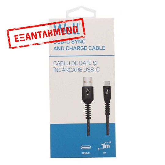 Καλώδιο 3A USB 2.0 σε Type-C Φόρτισης - Data 1m Μαύρο Well USB/USBC-1BK01-WL