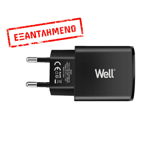 Universal 2xUSB FastTravel Wall Charger 5VDC/2.4A (12W) Μαύρο Well PSUP-USB-W22402BK-WL