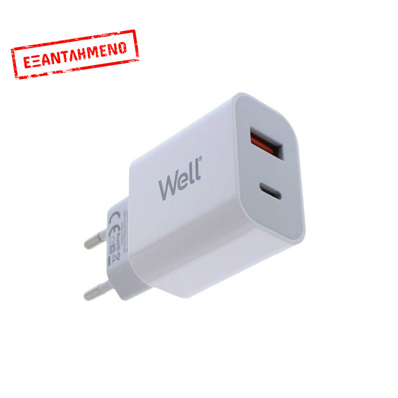 Universal Dual USB 3.0/Type C FastTravel Wall Charger QC3.0 5VDC 18W Λευκό Well PSUP-USB-WQPD21803WE